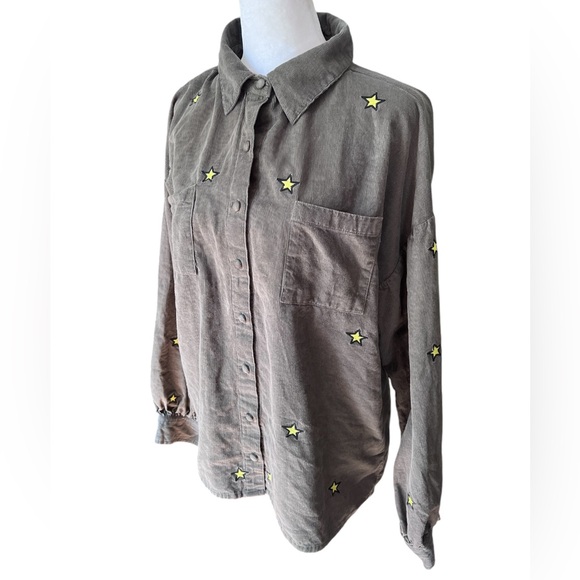 THML Olive Green Corduroy with Embroidered Stars Button Down Top Size Small - Picture 3 of 8